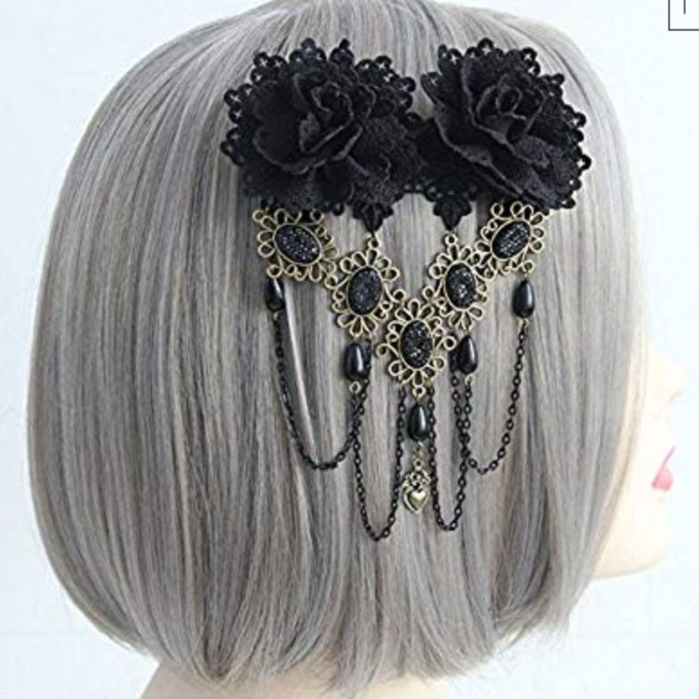 Black rose hair clip with dangling chains